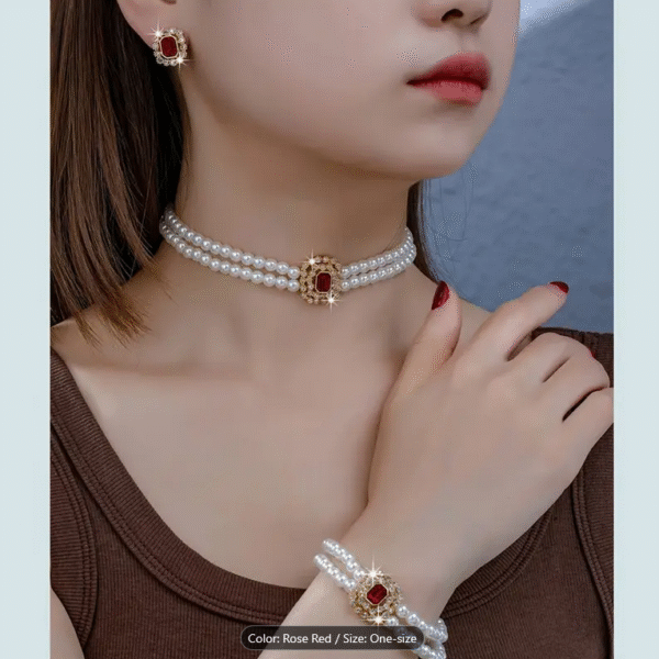 A Stylish French-Inspired Set Featuring Double-Row Faux Pearl Geometric Square Earrings, Bracelet, And Necklace, Perfect As a Gift for Friends And Suitable for Everyday Wear by Women.