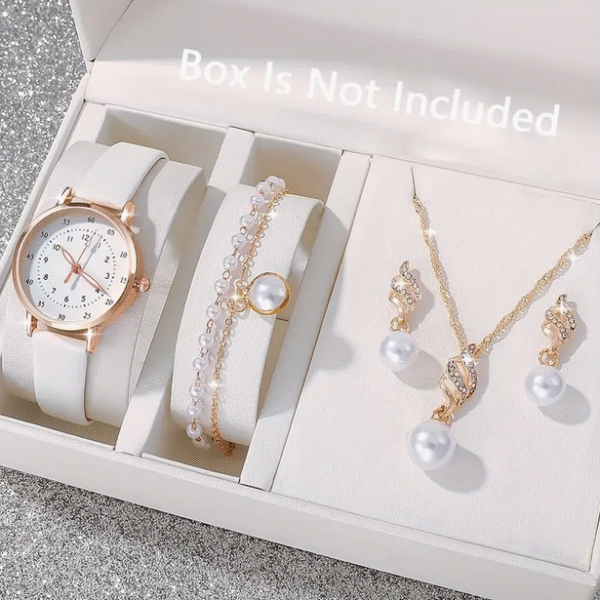 Elegant 5pcs Women's Quartz Watch & Jewelry Set - Round, Faux PU Leather Strap, Zinc Alloy Case - Perfect Gift for Valentine's, Easter, Birthdays, Christmas