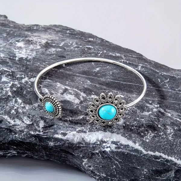 Vintage Ethnic Style Alloy Blue Turquoise Flower Bangle Bracelet Bohemian Trendy Style Open Cuff Bangle For Women
